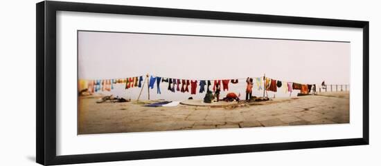 Hanging Clothes Out to Dry after Washing Them in the River, Ganges River, Varanasi, Uttar Pradesh, -null-Framed Photographic Print