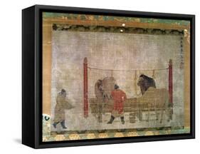 Hanging, of Grooms Feeding Horses, Ink and Watercolour on Silk, Attributed to Jen Jen-Far, Chinese-null-Framed Stretched Canvas