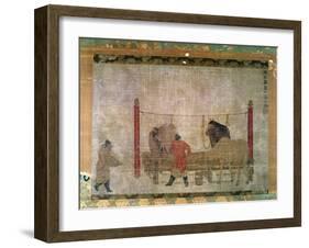 Hanging, of Grooms Feeding Horses, Ink and Watercolour on Silk, Attributed to Jen Jen-Far, Chinese-null-Framed Giclee Print