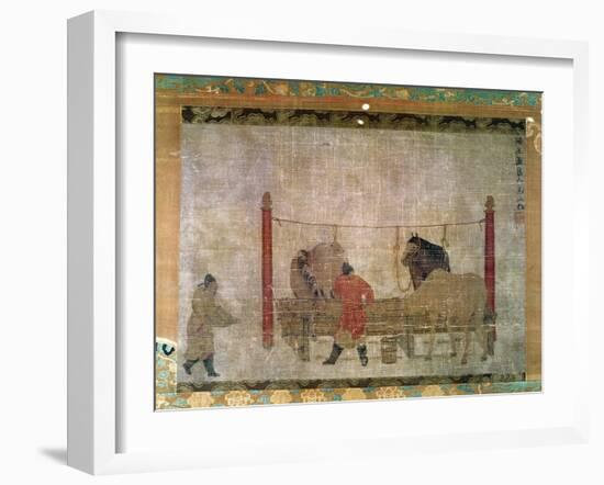 Hanging, of Grooms Feeding Horses, Ink and Watercolour on Silk, Attributed to Jen Jen-Far, Chinese-null-Framed Giclee Print