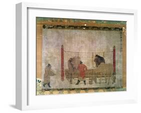 Hanging, of Grooms Feeding Horses, Ink and Watercolour on Silk, Attributed to Jen Jen-Far, Chinese-null-Framed Giclee Print