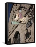 Hanging Sign of a Horseman, Place Jean Moulin, St. Malo, Brittany, France, Europe-Nick Servian-Framed Stretched Canvas