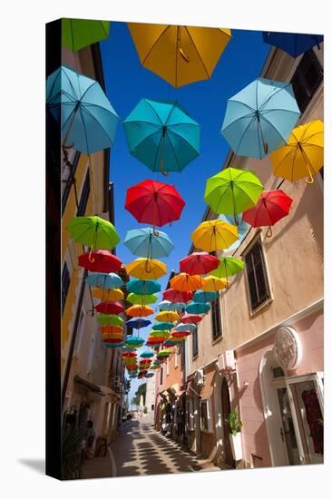 Hanging Umbrellas, Veliki Squiare Street, Old Town, Novigrad, Croatia, Europe-Richard Maschmeyer-Stretched Canvas