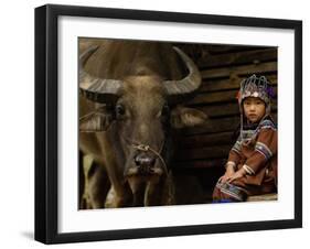 Hani Child and Water Buffalo for Ploughing Rice Paddies, Yuanyang, Honghe Prefecture, China-Pete Oxford-Framed Premium Photographic Print