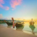 Beautiful Image of Sunrise with Colorful Sky and Longtail Boat on the Sea Tropical Beach. Thailand-Hanna Slavinska-Photographic Print