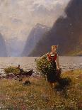 A Girl with Goats by a Fjord-Hans Andreas Dahl-Giclee Print