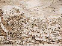 View of Delfgauw, with Abraham and the Three Angels (Pen and Ink and Wash on Paper)-Hans Bol-Framed Stretched Canvas