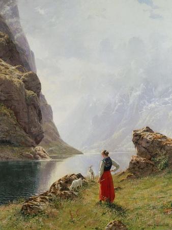 A Girl with Goats by a Fjord