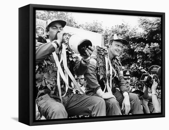 Hans Thorszelius Drinking Champagne and Bjorn Waldegaard, Winners of the Acropolis Rally, 1979-null-Framed Stretched Canvas