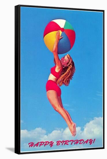 Happy Birthday, Girl Leaping with Beach Ball-null-Framed Stretched Canvas
