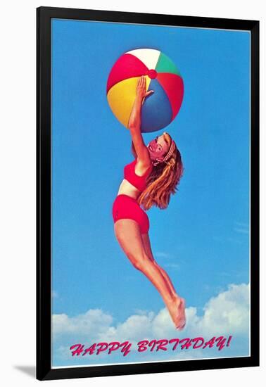 Happy Birthday, Girl Leaping with Beach Ball-null-Framed Art Print
