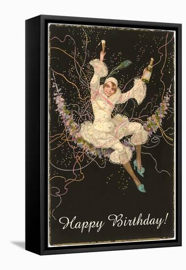 Happy Birthday, Lady Harlequin with Champagne-null-Framed Stretched Canvas