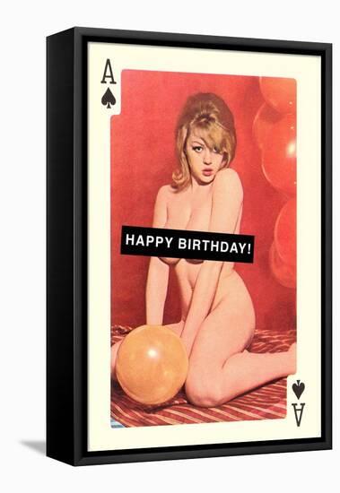 Happy Birthday, Naked Woman with Balloon on Playing Card-null-Framed Stretched Canvas