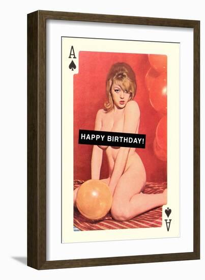 Happy Birthday, Naked Woman with Balloon on Playing Card-null-Framed Art Print