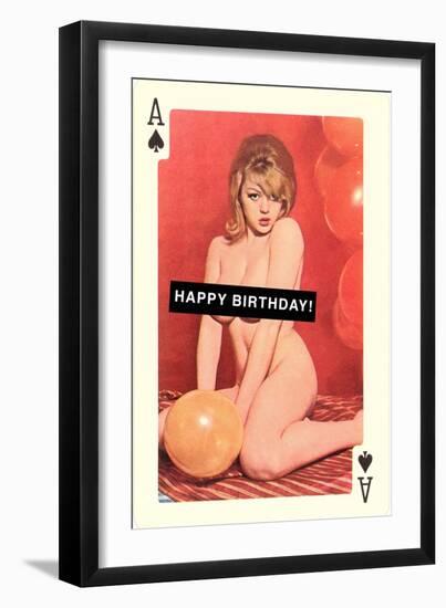 Happy Birthday, Naked Woman with Balloon on Playing Card-null-Framed Art Print