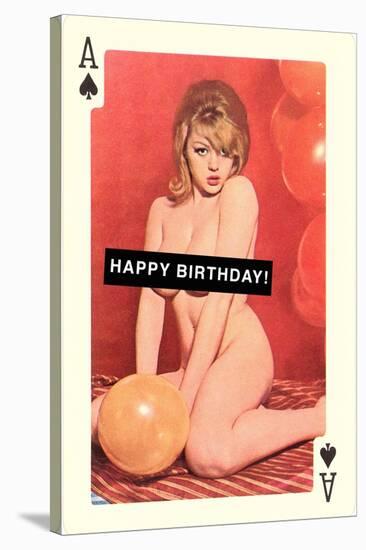 Happy Birthday, Naked Woman with Balloon on Playing Card-null-Stretched Canvas