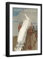 Happy Birthday White Peacock-null-Framed Art Print