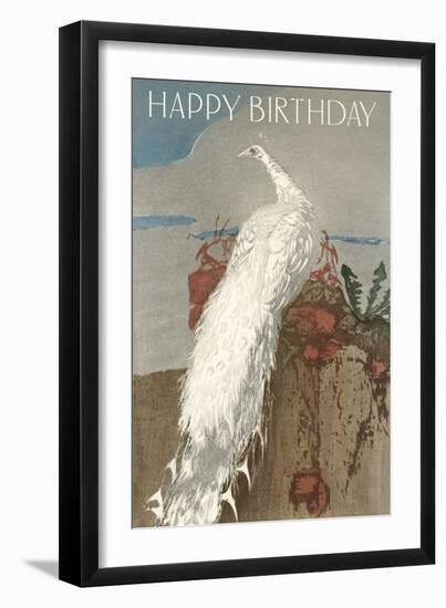 Happy Birthday White Peacock-null-Framed Art Print