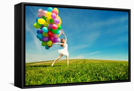 Happy Birthday Woman Against the Sky with Rainbow-Colored Air Balloons in Hands-Miramiska-Framed Stretched Canvas