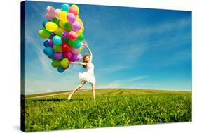 Happy Birthday Woman Against the Sky with Rainbow-Colored Air Balloons in Hands-Miramiska-Stretched Canvas