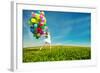 Happy Birthday Woman Against the Sky with Rainbow-Colored Air Balloons in Hands-Miramiska-Framed Photographic Print