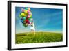 Happy Birthday Woman Against the Sky with Rainbow-Colored Air Balloons in Hands-Miramiska-Framed Photographic Print