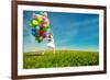 Happy Birthday Woman Against the Sky with Rainbow-Colored Air Balloons in Hands-Miramiska-Framed Photographic Print