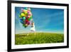 Happy Birthday Woman Against the Sky with Rainbow-Colored Air Balloons in Hands-Miramiska-Framed Photographic Print