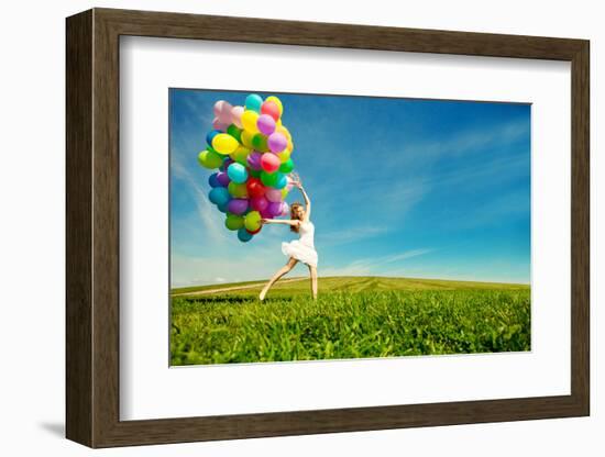 Happy Birthday Woman Against the Sky with Rainbow-Colored Air Balloons in Hands-Miramiska-Framed Photographic Print