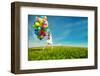 Happy Birthday Woman Against the Sky with Rainbow-Colored Air Balloons in Hands-Miramiska-Framed Photographic Print