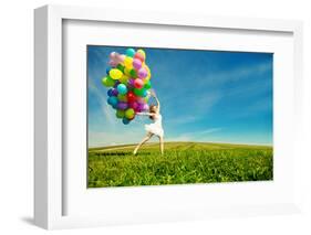 Happy Birthday Woman Against the Sky with Rainbow-Colored Air Balloons in Hands-Miramiska-Framed Photographic Print