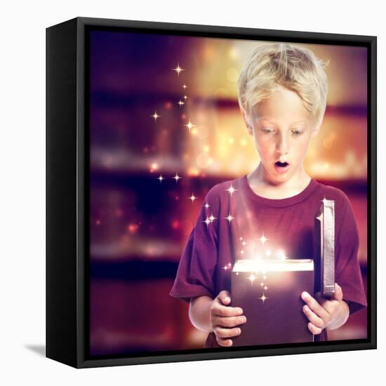 Happy Boy Opening A Gift Box-Melpomene-Framed Stretched Canvas