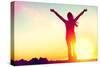 Happy Celebrating Winning Success Woman at Sunset or Sunrise Standing Elated with Arms Raised up Ab-Maridav-Stretched Canvas