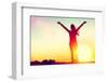 Happy Celebrating Winning Success Woman at Sunset or Sunrise Standing Elated with Arms Raised up Ab-Maridav-Framed Photographic Print