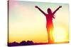 Happy Celebrating Winning Success Woman at Sunset or Sunrise Standing Elated with Arms Raised up Ab-Maridav-Stretched Canvas