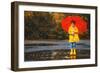 Happy Child Girl with an Umbrella and Rubber Boots in Puddle on an Autumn Walk-null-Framed Photographic Print