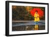 Happy Child Girl with an Umbrella and Rubber Boots in Puddle on an Autumn Walk-null-Framed Photographic Print