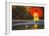 Happy Child Girl with an Umbrella and Rubber Boots in Puddle on an Autumn Walk-null-Framed Photographic Print