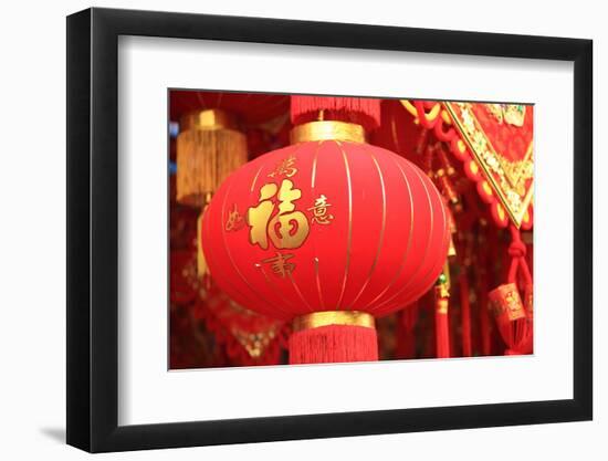 Happy Chinese New Year : Red Chinese Lanterns with Chinese Words Meaning: Fortune , Happiness and G-lzf-Framed Photographic Print