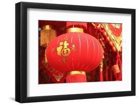 Happy Chinese New Year : Red Chinese Lanterns with Chinese Words Meaning: Fortune , Happiness and G-lzf-Framed Photographic Print