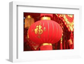 Happy Chinese New Year : Red Chinese Lanterns with Chinese Words Meaning: Fortune , Happiness and G-lzf-Framed Photographic Print