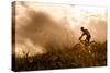 Happy Couple Riding Bicycles Outside, Healthy Lifestyle Fun Concept. Silhouette at Sunset Panoramic-warrengoldswain-Stretched Canvas