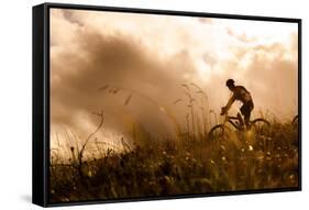 Happy Couple Riding Bicycles Outside, Healthy Lifestyle Fun Concept. Silhouette at Sunset Panoramic-warrengoldswain-Framed Stretched Canvas