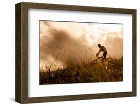 Happy Couple Riding Bicycles Outside, Healthy Lifestyle Fun Concept. Silhouette at Sunset Panoramic-warrengoldswain-Framed Photographic Print