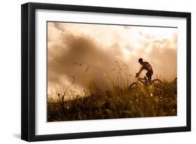 Happy Couple Riding Bicycles Outside, Healthy Lifestyle Fun Concept. Silhouette at Sunset Panoramic-warrengoldswain-Framed Photographic Print