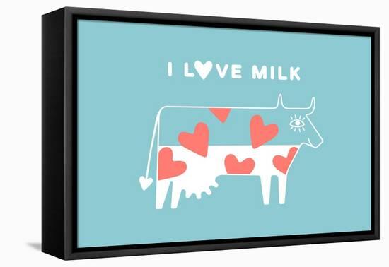 Happy Cow with Red Hearts - I Love Milk-foxysgraphic-Framed Stretched Canvas
