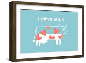 Happy Cow with Red Hearts - I Love Milk-foxysgraphic-Framed Art Print