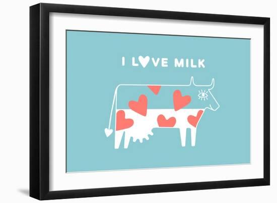 Happy Cow with Red Hearts - I Love Milk-foxysgraphic-Framed Art Print