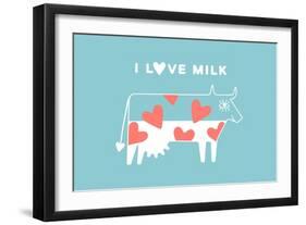 Happy Cow with Red Hearts - I Love Milk-foxysgraphic-Framed Art Print