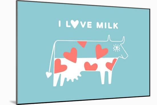 Happy Cow with Red Hearts - I Love Milk-foxysgraphic-Mounted Art Print